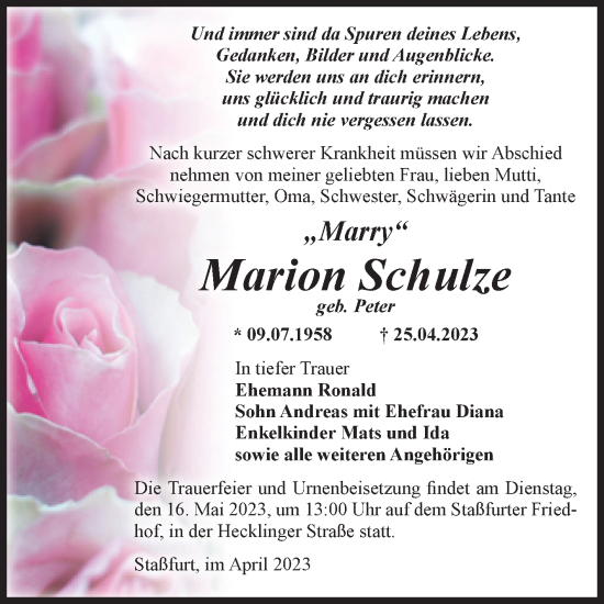 Traueranzeige von Marion Schulze von Volksstimme Staßfurt