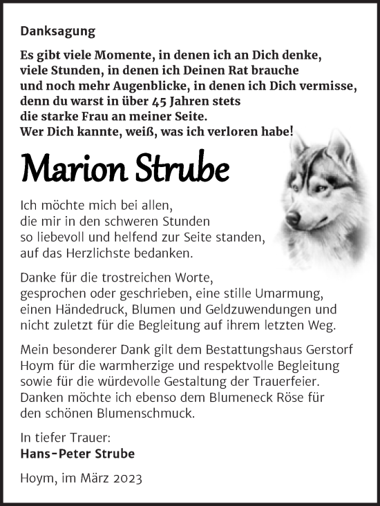 Traueranzeige von Marion Strube von Trauerkombi Aschersleben