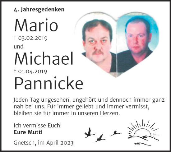 Traueranzeige von Mario und Michael Pannicke von Trauerkombi Köthen