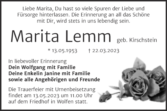 Traueranzeige von Marita Lemm von Trauerkombi Bitterfeld