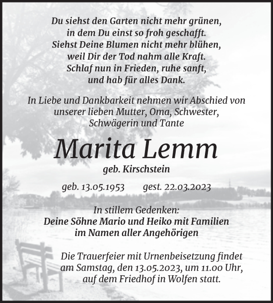 Traueranzeige von Marita Lemm von Trauerkombi Bitterfeld