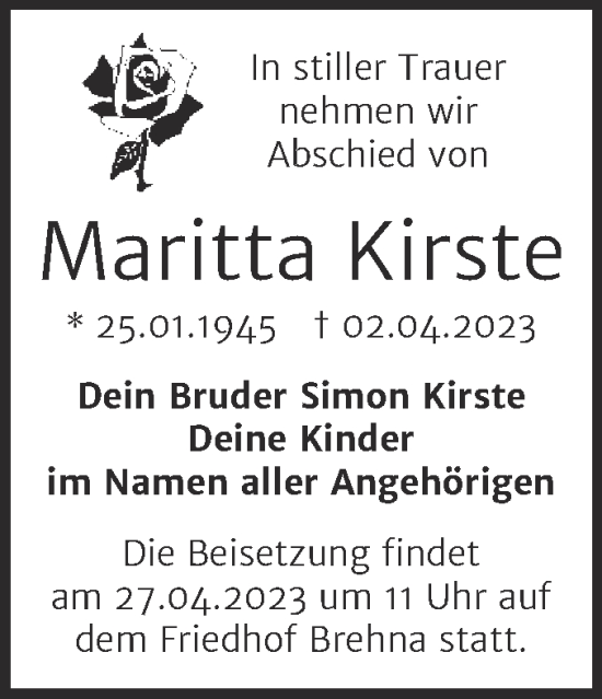 Traueranzeige von Maritta Kirste von Trauerkombi Bitterfeld