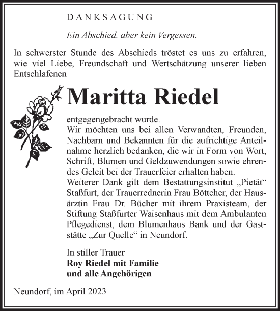 Traueranzeige von Maritta Riedel von Volksstimme Staßfurt