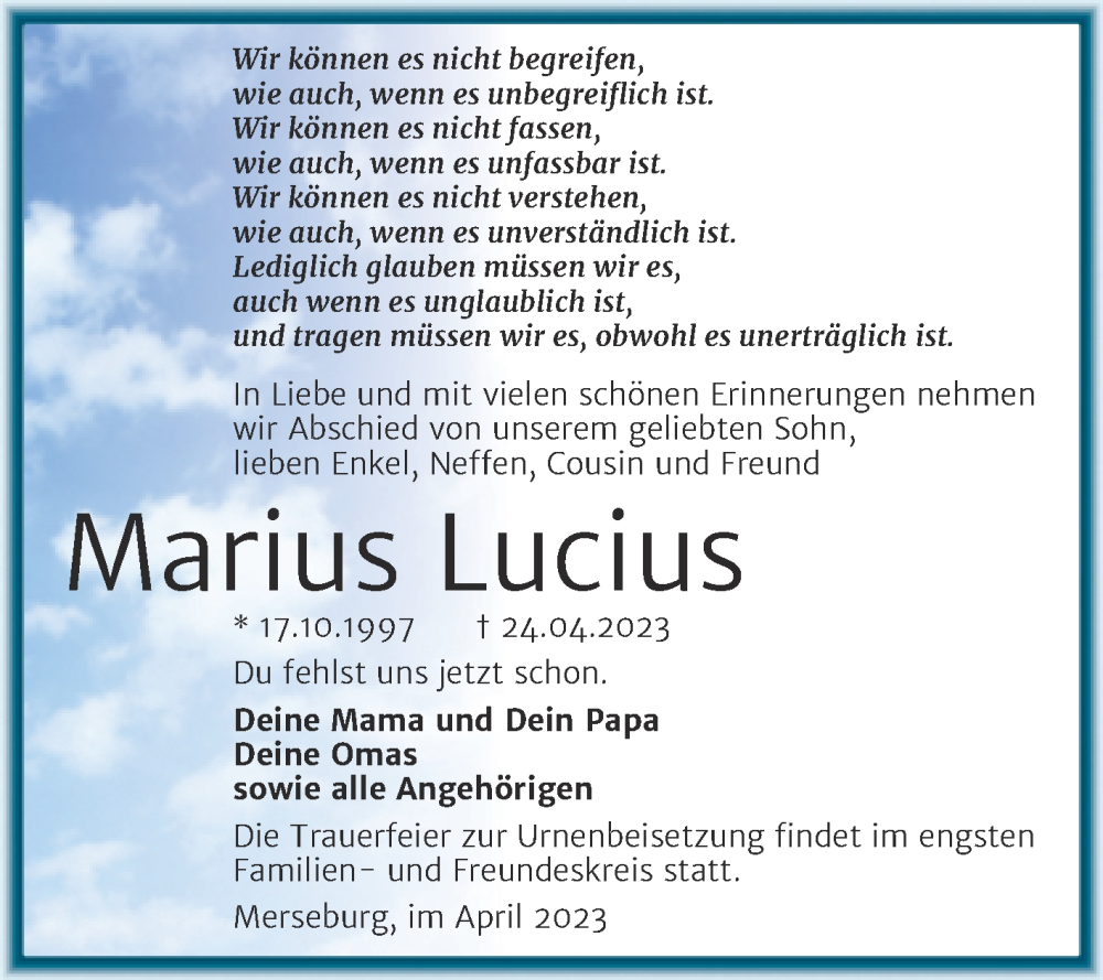  Traueranzeige für Marius Lucius vom 29.04.2023 aus Trauerkombi Merseburg