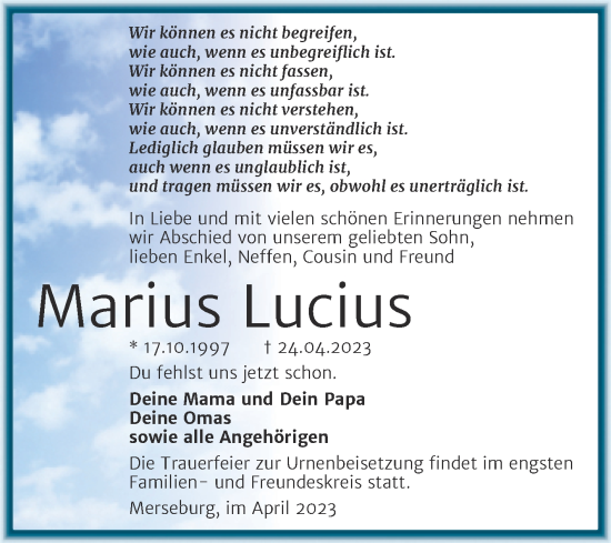 Traueranzeige von Marius Lucius von Trauerkombi Merseburg
