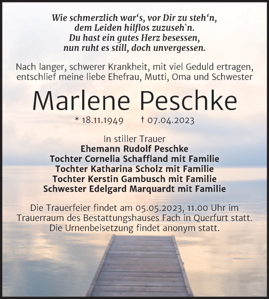Traueranzeige von Marlene Peschke von Trauerkombi Merseburg