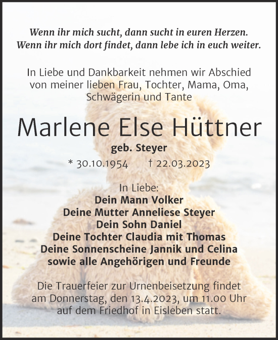 Traueranzeige von Marlene Else Hüttner von Trauerkombi Mansfelder Land