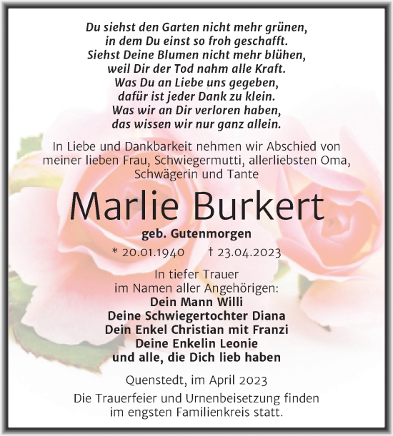 Traueranzeige von Marlie Burkert von Trauerkombi Mansfelder Land