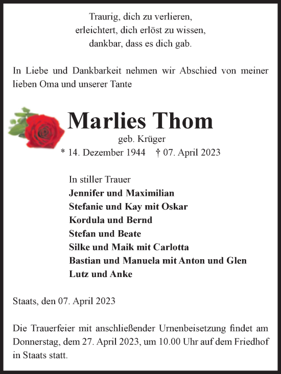 Traueranzeige von Marlies Thom von Volksstimme Altmark Ost