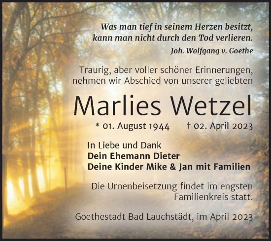Traueranzeige von Marlies Wetzel von Trauerkombi Merseburg