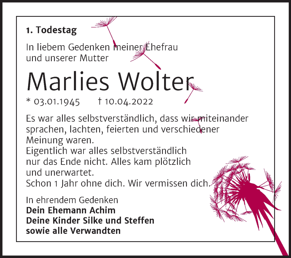  Traueranzeige für Marlies Wolter vom 06.04.2023 aus Trauerkombi Köthen