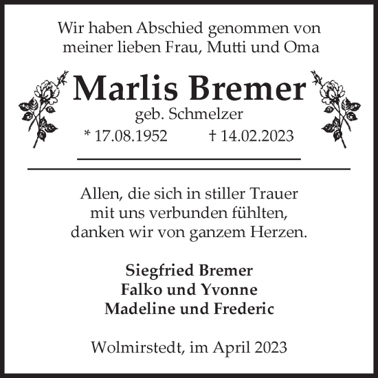 Traueranzeige von Marlis Bremer von Volksstimme Haldensleben/Wolmirstedt