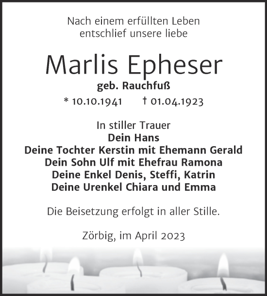 Traueranzeige von Marlis Epheser von Trauerkombi Bitterfeld