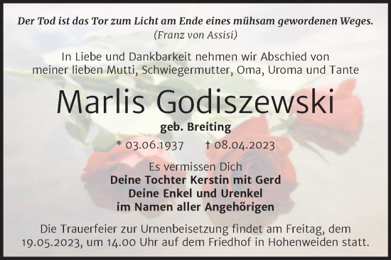 Traueranzeige von Marlis Godiszewski von Trauerkombi Merseburg