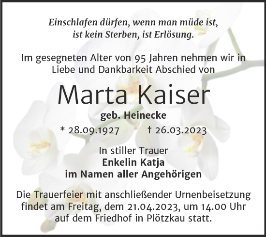 Traueranzeige von Marta Kaiser von Trauerkombi Bernburg