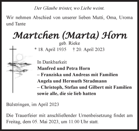 Traueranzeige von Martchen Horn von Volksstimme Haldensleben/Wolmirstedt