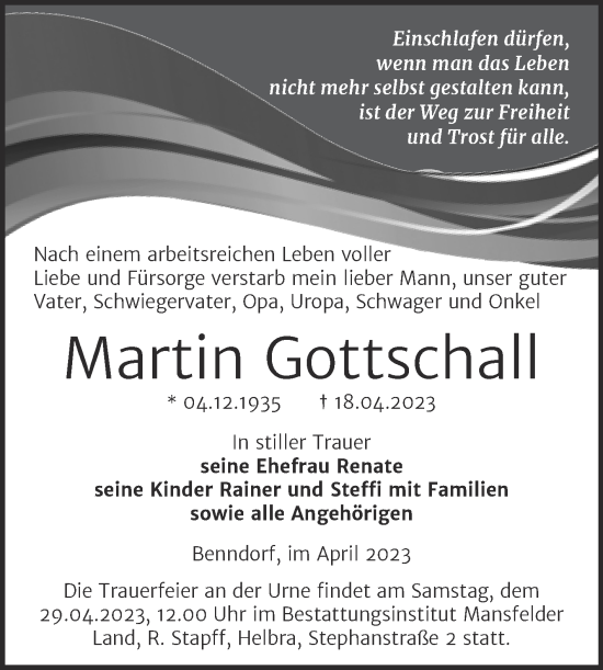 Traueranzeige von Martin Gottschall von Trauerkombi Mansfelder Land