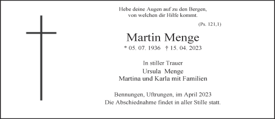 Traueranzeige von Martin Menge von Trauerkombi Sangerhausen