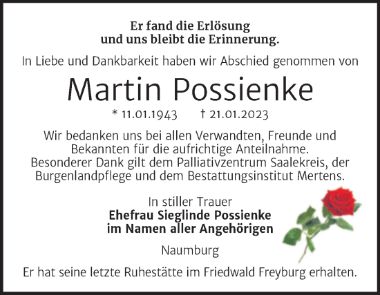 Traueranzeige von Martin Possienke von Wochenspiegel Naumburg/Nebra