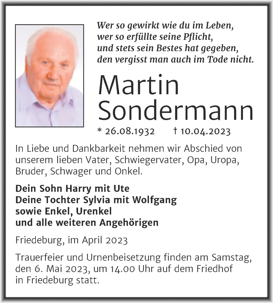  Traueranzeige für Martin Sondermann vom 14.04.2023 aus Trauerkombi Mansfelder Land
