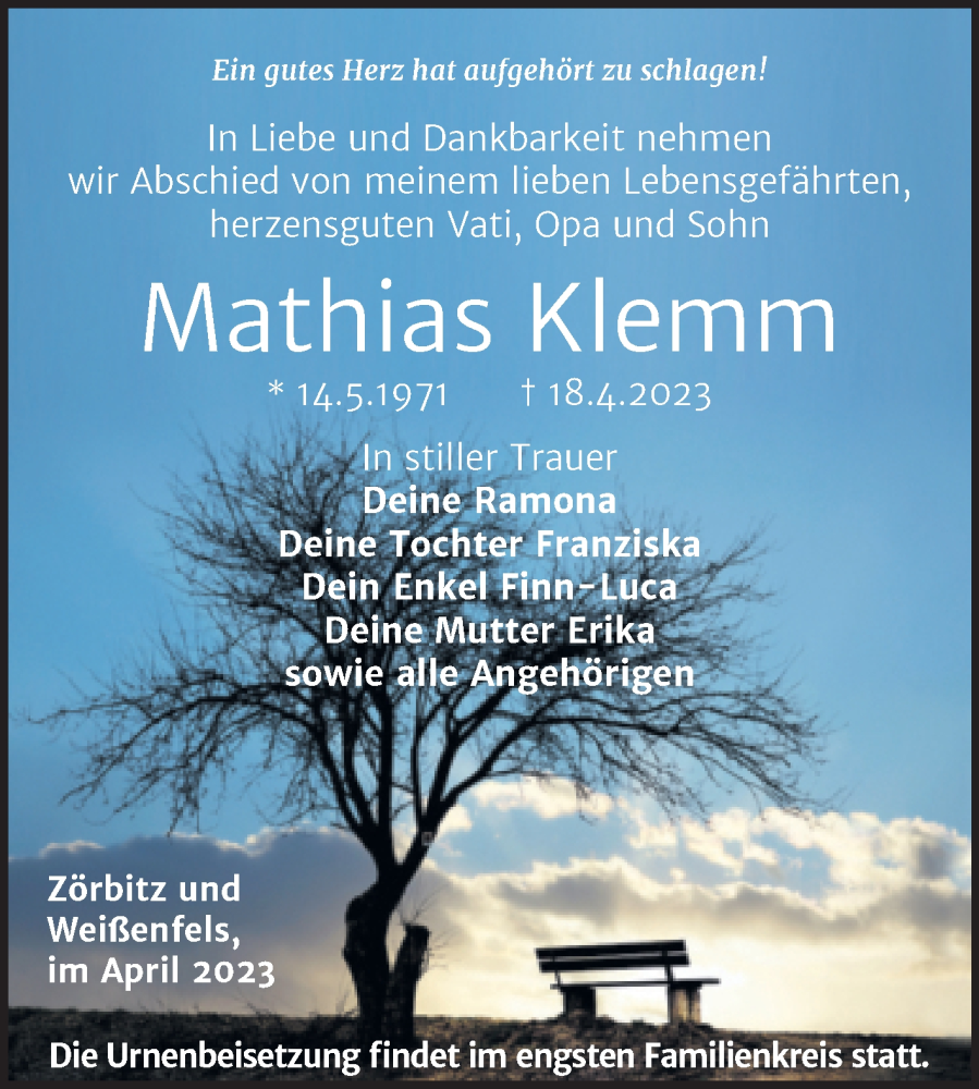  Traueranzeige für Mathias Klemm vom 22.04.2023 aus Trauerkombi Weißenfels