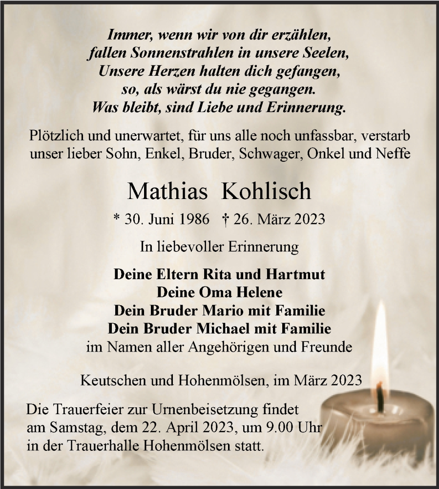  Traueranzeige für Mathias Kohlisch vom 05.04.2023 aus Trauerkombi Weißenfels