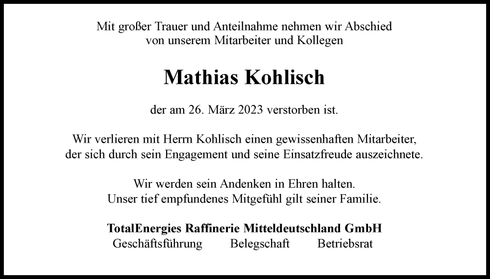  Traueranzeige für Mathias Kohlisch vom 08.04.2023 aus Mitteldeutsche Zeitung Merseburg/Querfurt