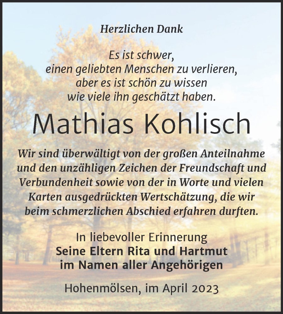  Traueranzeige für Mathias Kohlisch vom 29.04.2023 aus Trauerkombi Weißenfels