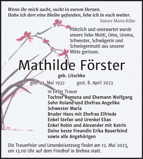 Traueranzeige von Mathilde Förster von Trauerkombi Bitterfeld