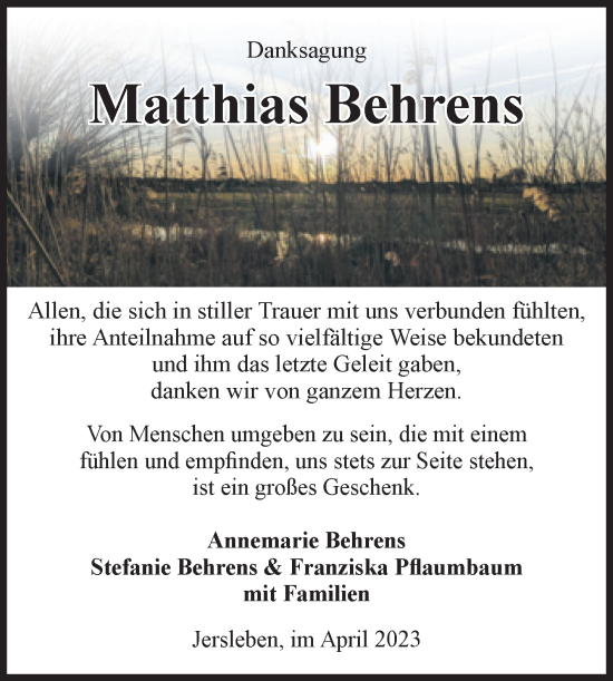 Traueranzeige von Matthias Behrens von Volksstimme Haldensleben/Wolmirstedt