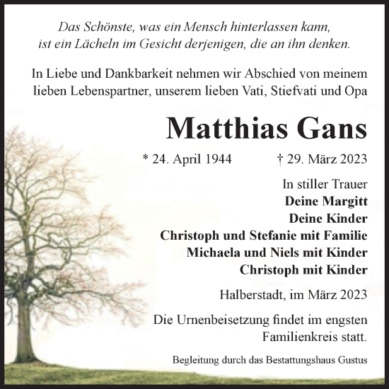 Traueranzeige von Matthias Gans von Volksstimme Halberstadt