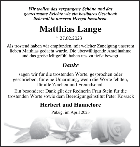 Traueranzeige von Matthias Lange von Trauerkombi Wittenberg