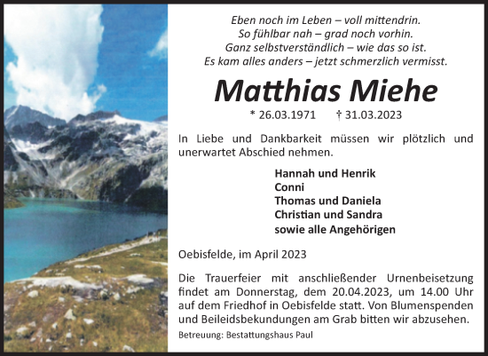 Traueranzeige von Matthias Miehe von Volksstimme Altmark West