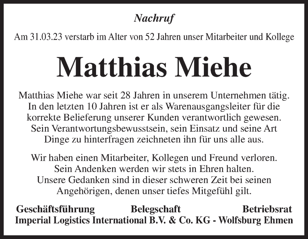  Traueranzeige für Matthias Miehe vom 20.04.2023 aus Volksstimme Altmark West