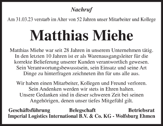 Traueranzeige von Matthias Miehe von Volksstimme Altmark West