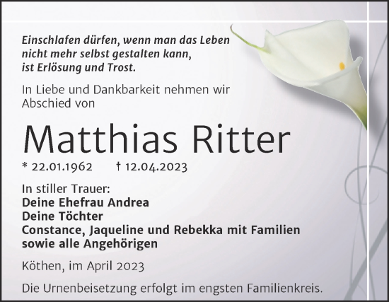 Traueranzeige von Matthias Ritter von Trauerkombi Köthen