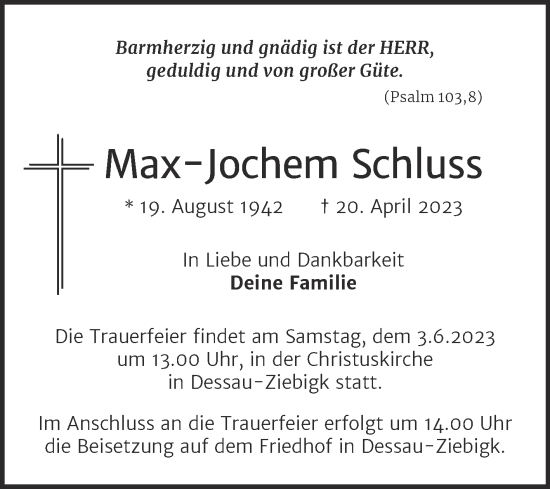 Traueranzeige von Max-Jochem Schluss von Trauerkombi Dessau