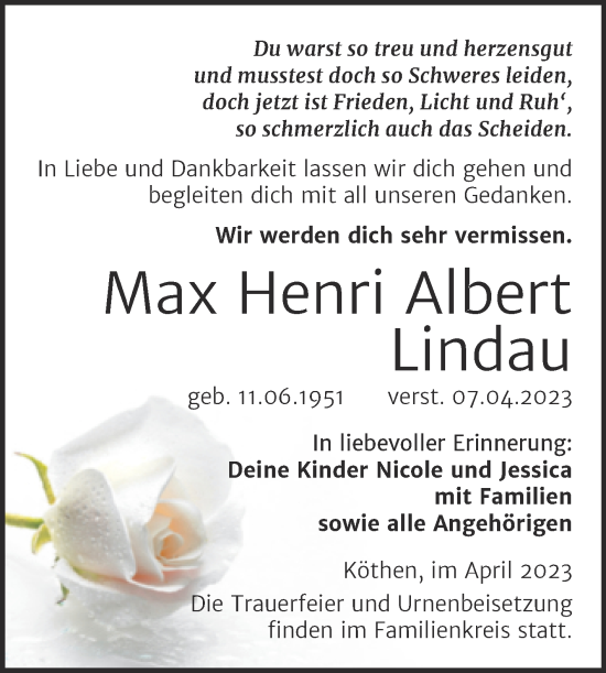 Traueranzeige von Max Henri Albert Lindau von Trauerkombi Köthen