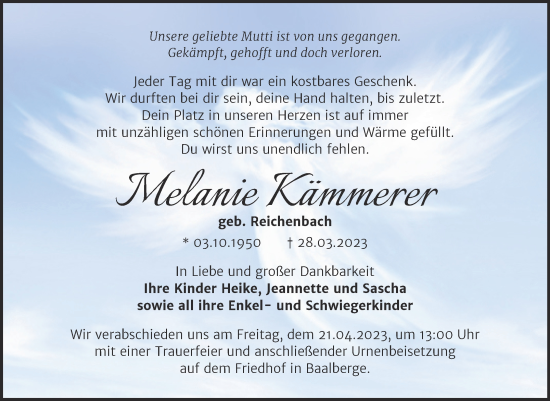 Traueranzeige von Melanie Kämmerer von Trauerkombi Bernburg