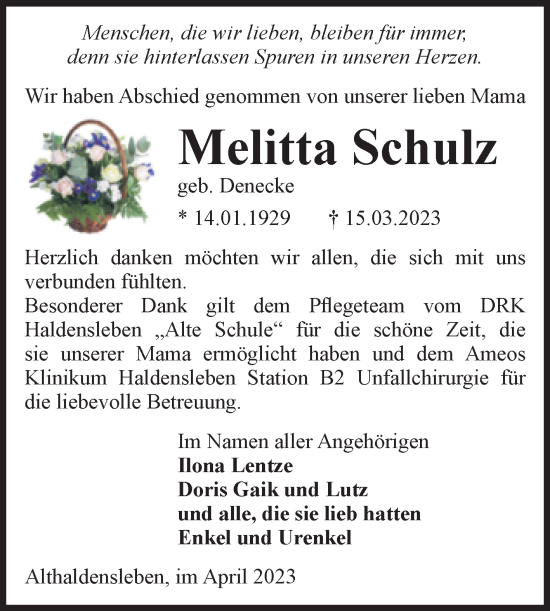 Traueranzeige von Melitta Schulz von Volksstimme Haldensleben/Wolmirstedt