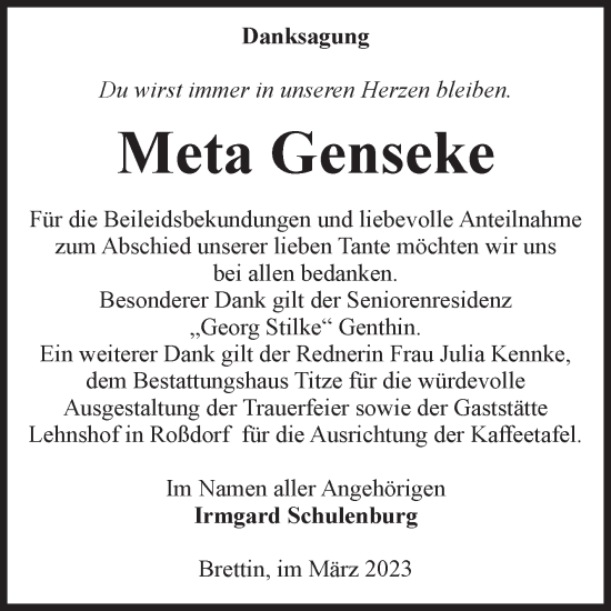 Traueranzeige von Meta Genseke von Volksstimme Burg/Genthin