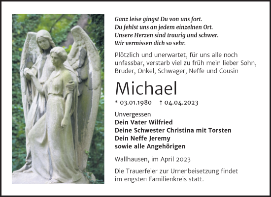 Traueranzeige von Michael  von Trauerkombi Sangerhausen