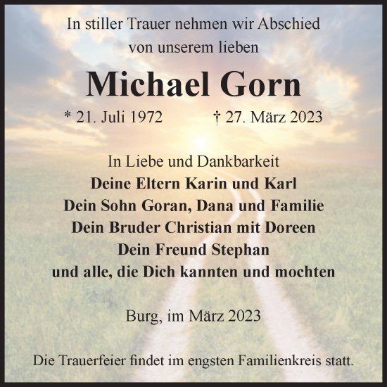 Traueranzeige von Michael Gorn von Volksstimme Burg/Genthin