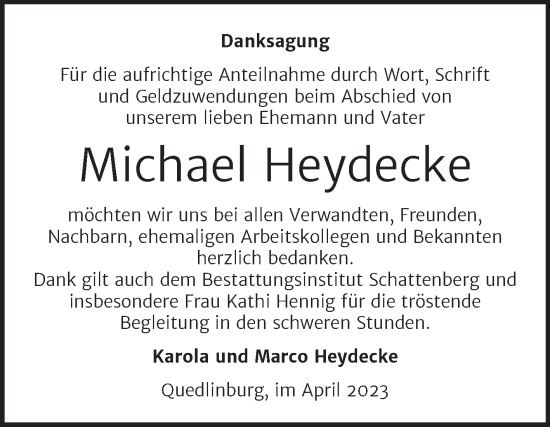 Traueranzeige von Michael Heydecke von Trauerkombi Quedlinburg