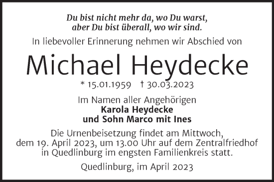 Traueranzeige von Michael Heydecke von Trauerkombi Quedlinburg