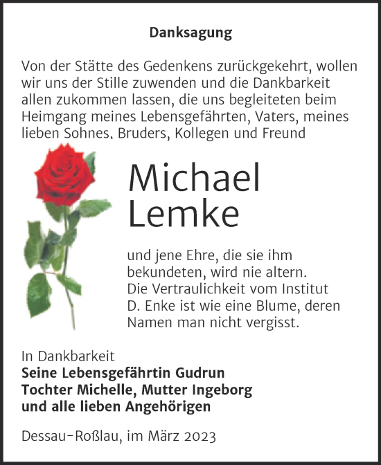 Traueranzeige von Michael Lemke von Super Sonntag Dessau-Roßlau