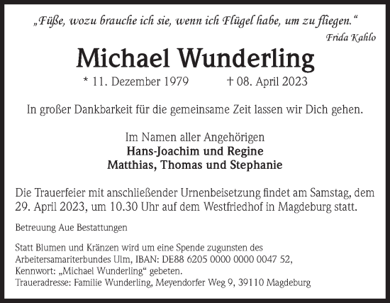 Traueranzeige von Michael Wunderling von Volksstimme Magdeburg