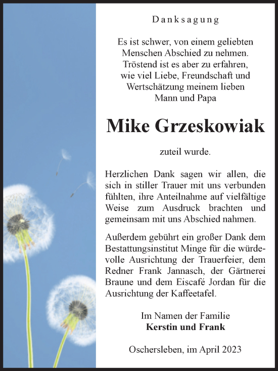 Traueranzeige von Mike Grzeskowiak von Volksstimme Oschersleben/Wanzleben