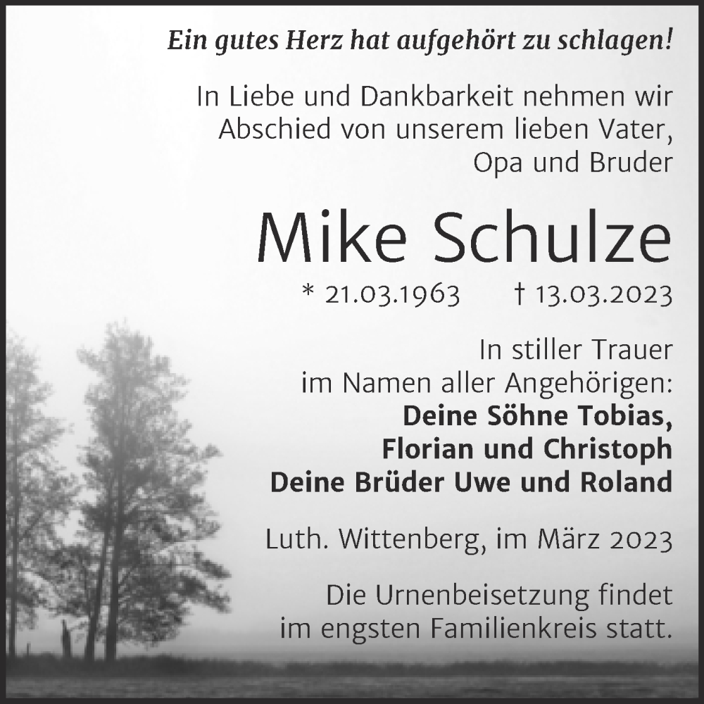  Traueranzeige für Mike Schulze vom 01.04.2023 aus Trauerkombi Wittenberg