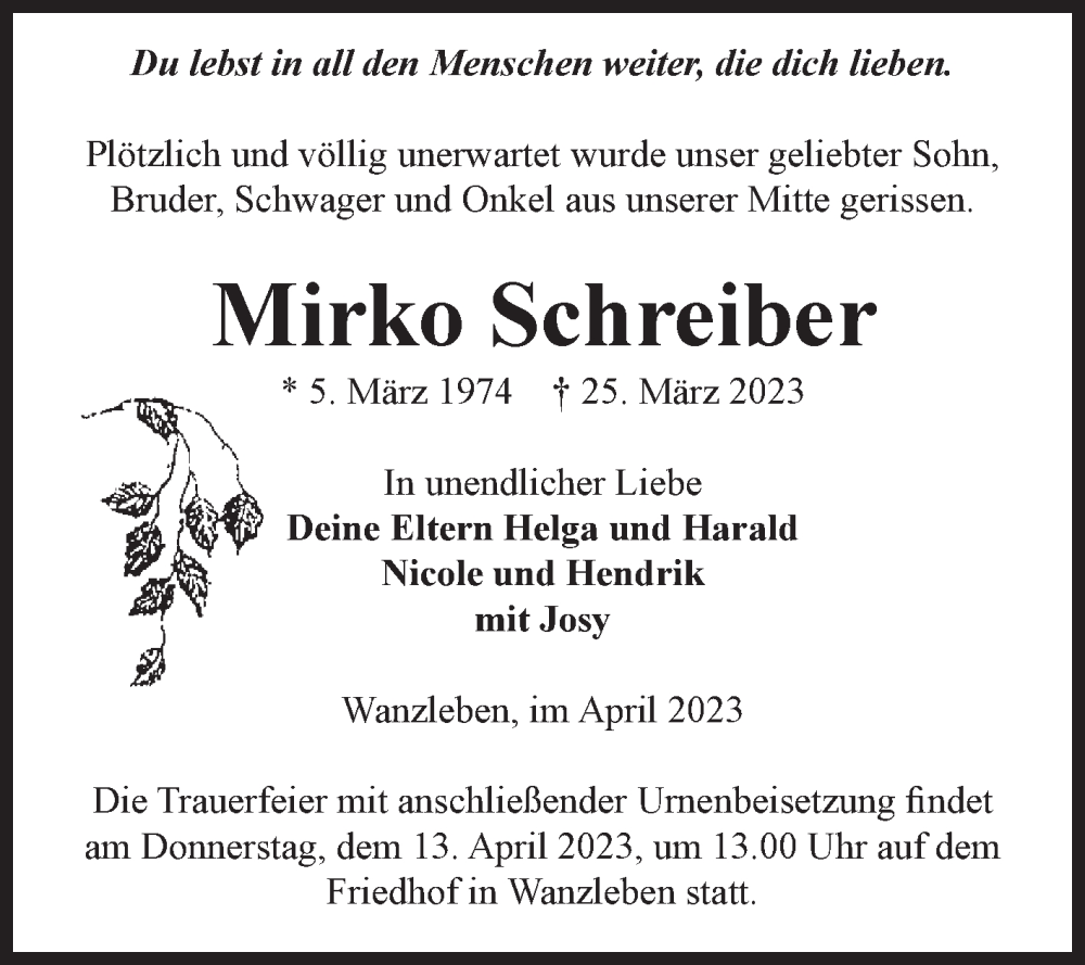 Traueranzeige für Mirko Schreiber vom 08.04.2023 aus Volksstimme Oschersleben/Wanzleben